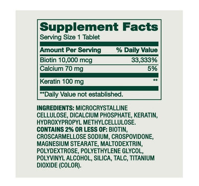 Spring Valley Extra Strength Biotin Plus Keratin Dietary Supplement Tablets for Hair/Skin/Nail Health, 10,000 mcg, 60 Count