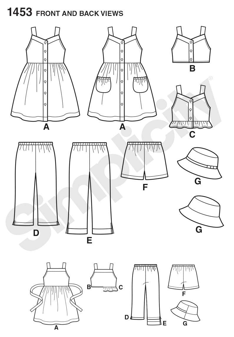 Simplicity S1453 Girls' Clothing Sewing Pattern, Easy-to-Sew Dress, Top, Pants, Shorts & Hat, Sizes 3-8