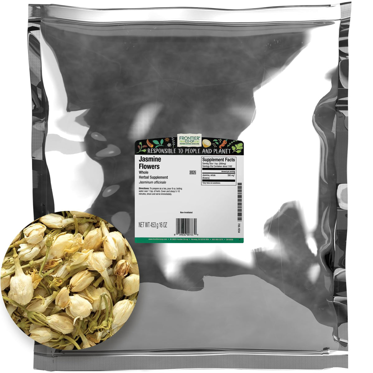 Frontier Co-op Whole Jasmine Flowers, Kosher Bulk Bag - Dried Jasmine Buds, Natural Edible Flowers for Tea, Herbal Use | 16 Ounce (Pack of 1)