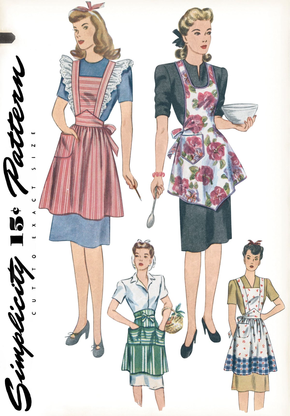 Simplicity S1221 Vintage Apron Sewing Pattern, Misses' 1940s Aprons with Halter, Cross-Back & Waist Styles, Sizes S-L