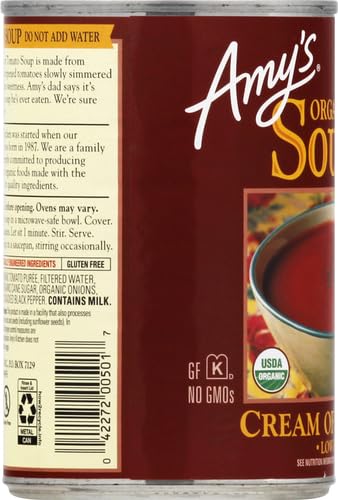 Amy’s Soup, Cream of Tomato Soup, Gluten Free and Low Fat, Made With Sun-Ripened Tomatoes, Canned Soup, 14.5 Oz