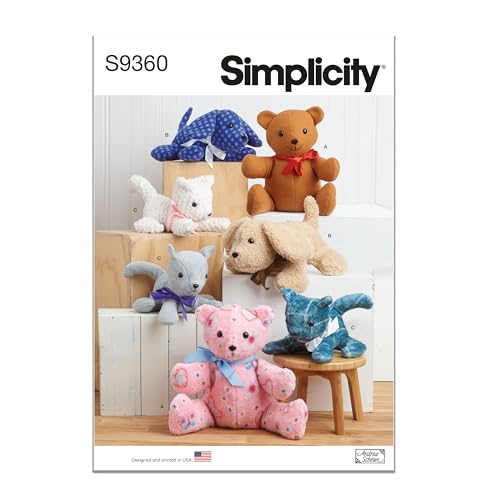 Simplicity SS9360OS UNDEFINED Stuffed Craft Adorable Plush 18" Bear, 12" Long Puppy and 10" Long Kitty are Super Easy to sew, White