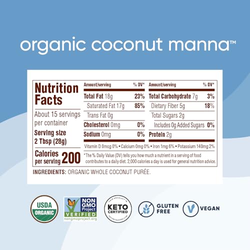 Nutiva Organic Coconut Manna Puréed Coconut Butter, 15 Oz, USDA Organic, Non-GMO, Vegan, Gluten-Free & Keto, Creamy Spread for Smoothies, Oatmeal, Curries & Coconut Milk