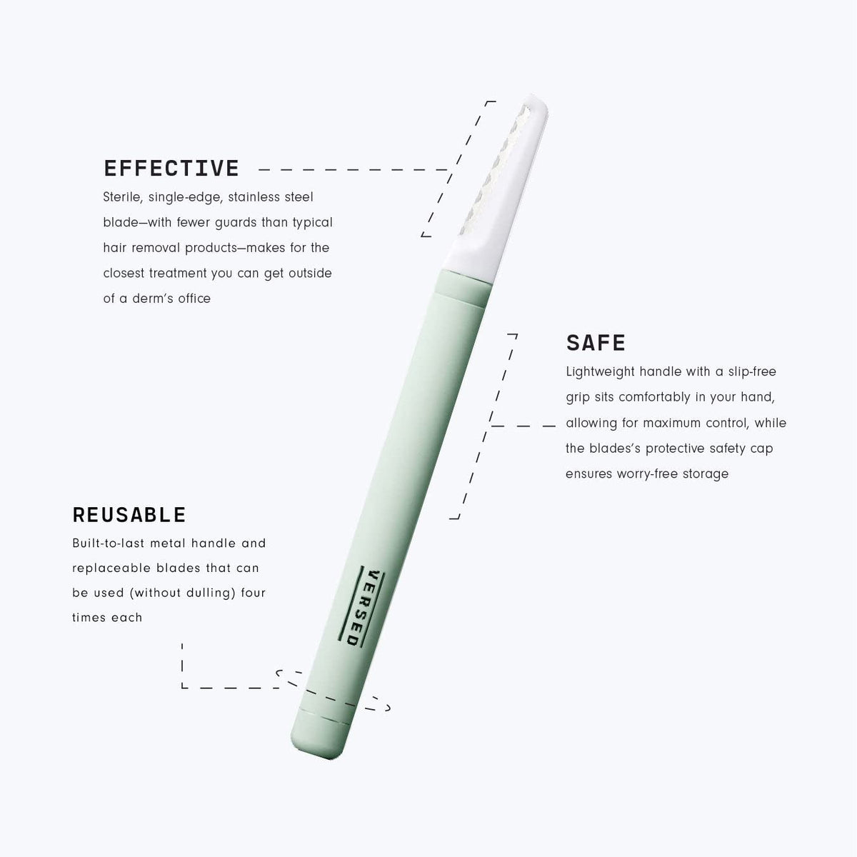 Versed Instant Gratification At-Home Dermaplaning Tool - Reusable, Pro-Grade Facial Exfoliator - Stainless Steel Facial Razor with Single-Edge Blade for Smooth Complexion & Enhanced Makeup Application
