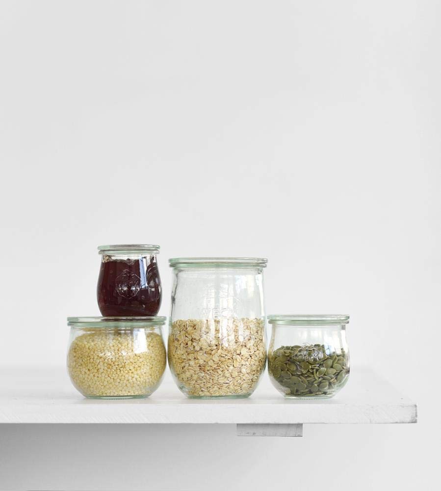 Weck Tulip Jar Rubber Sole & Two Metal Clamps Food Storage Jar Round Preserve Container Clear Preserving Seal Wire Clip Fastening Kitchen Canning Cereal Sugar Beans Spice - 33.8 fl. oz Single 1 liter