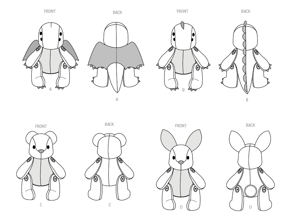 Simplicity S9441 Jointed Plush Animal Sewing Pattern, Dragon, Dinosaur, Bear & Bunny, 13 Inch