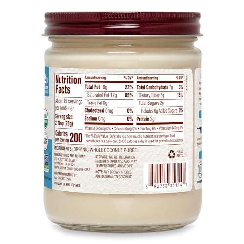 Nutiva Organic Coconut Manna Puréed Coconut Butter, 15 Oz, USDA Organic, Non-GMO, Vegan, Gluten-Free & Keto, Creamy Spread for Smoothies, Oatmeal, Curries & Coconut Milk