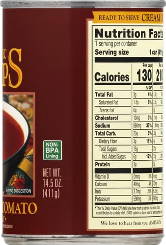 Amy’s Soup, Cream of Tomato Soup, Gluten Free and Low Fat, Made With Sun-Ripened Tomatoes, Canned Soup, 14.5 Oz