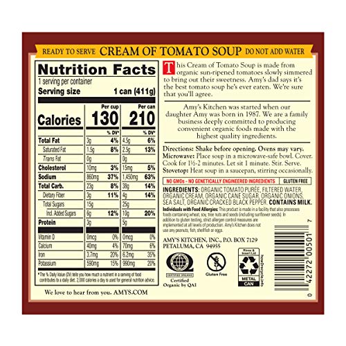 Amy’s Soup, Cream of Tomato Soup, Gluten Free and Low Fat, Made With Sun-Ripened Tomatoes, Canned Soup, 14.5 Oz