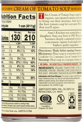 Amy’s Soup, Cream of Tomato Soup, Gluten Free and Low Fat, Made With Sun-Ripened Tomatoes, Canned Soup, 14.5 Oz
