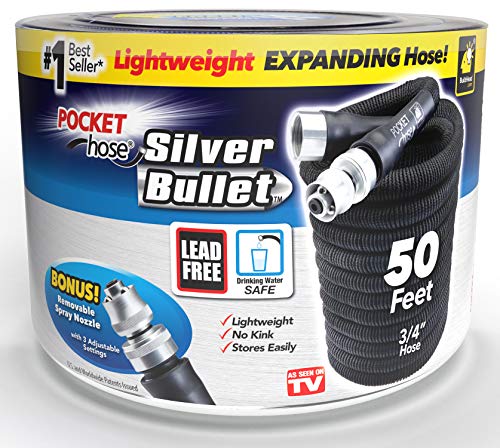 Pocket Hose Silver Bullet 50 ft Turbo Shot Nozzle Multiple Spray Patterns Expandable Garden Hose 3/4 in Solid Aluminum Fittings Lead-Free Lightweight and No-Kink,Black