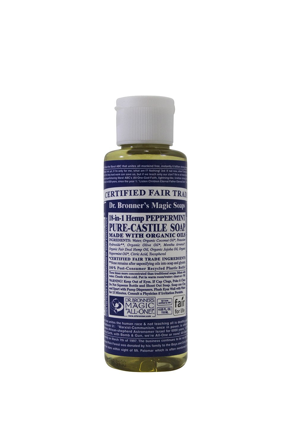 Dr. Bronner's Liquid Soap, Magic All One Pure Castile, Peppermint 18 In 1, 4 Fluid Ounce
