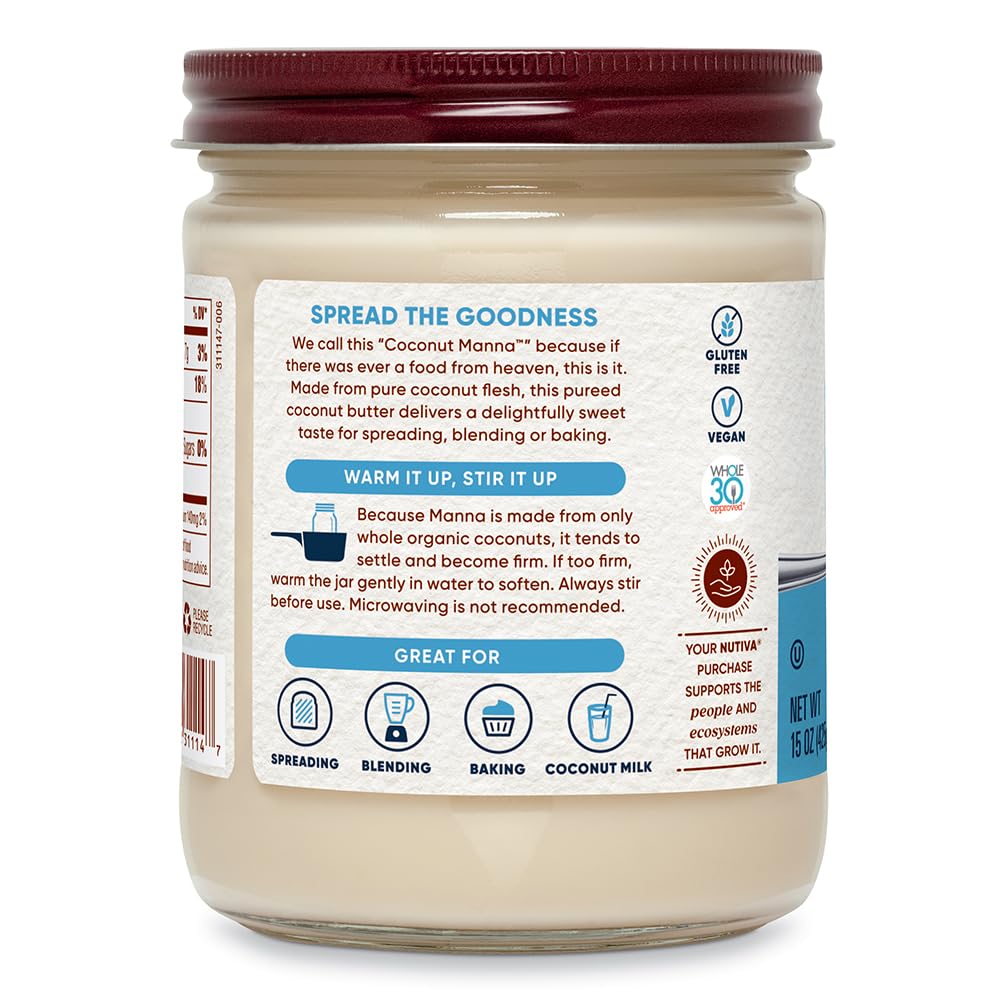 Nutiva Organic Coconut Manna Puréed Coconut Butter, 15 Oz, USDA Organic, Non-GMO, Vegan, Gluten-Free & Keto, Creamy Spread for Smoothies, Oatmeal, Curries & Coconut Milk