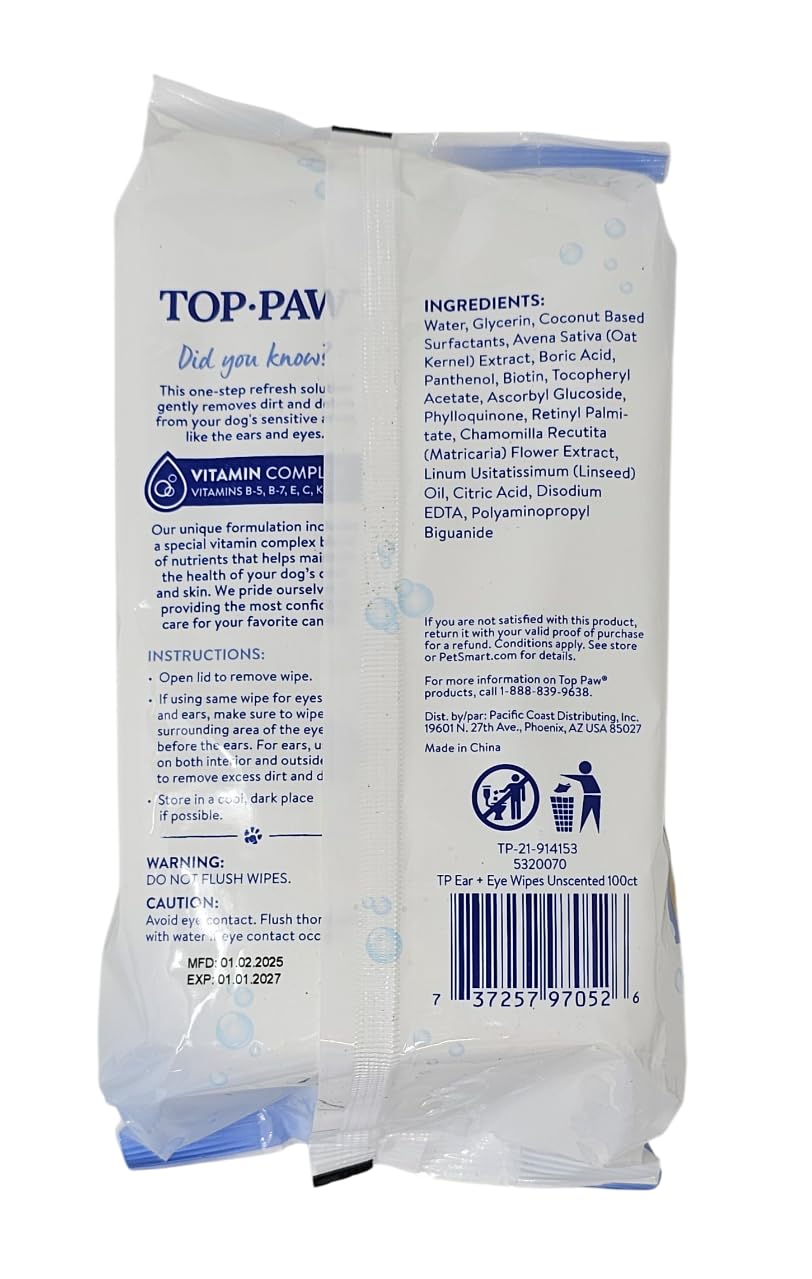 TOP PAW Ear and Eye Wipes Unscented, 100 Count, for Dogs