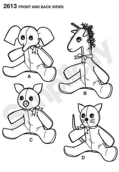 Simplicity S2613 Stuffed Animal Sewing Pattern, Elephant, Giraffe, Pig & Cat Plush Toys, One Size