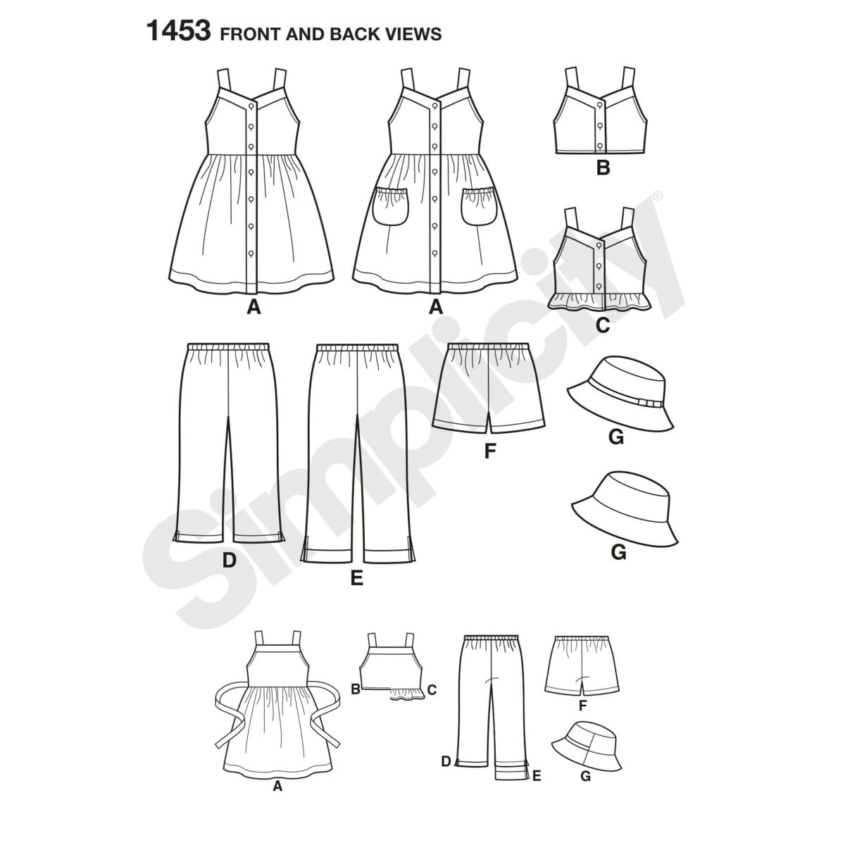 Simplicity S1453 Girls' Clothing Sewing Pattern, Easy-to-Sew Dress, Top, Pants, Shorts & Hat, Sizes 3-8
