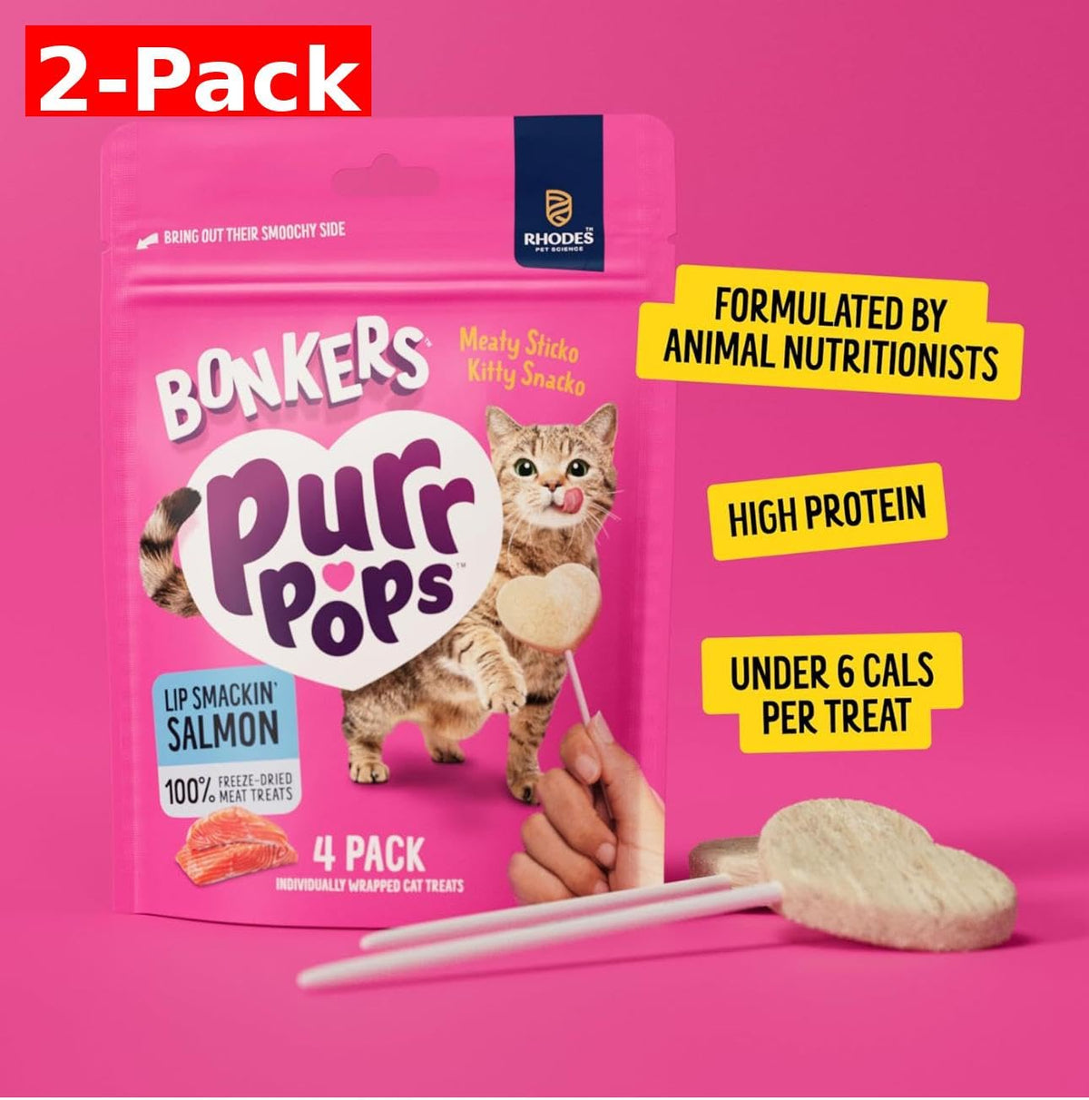 Bonkers Purrpops, Freeze Dried Salmon Flavored Lollipop Cat Treats, Cat Treats, Treats for Training, for All Breeds and Ages, Food Topper (8 Pieces) 2-Pack