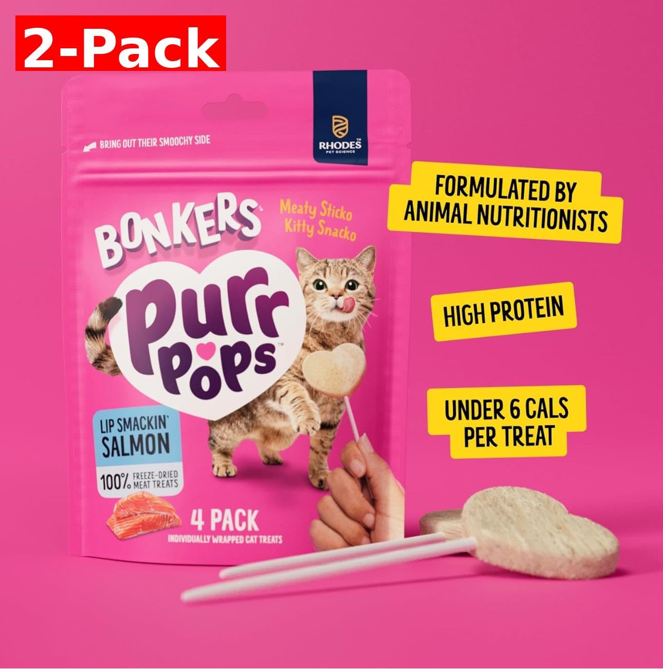 Bonkers Purrpops, Freeze Dried Salmon Flavored Lollipop Cat Treats, Cat Treats, Treats for Training, for All Breeds and Ages, Food Topper (8 Pieces) 2-Pack
