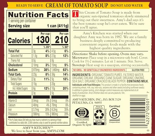 Amy’s Soup, Cream of Tomato Soup, Gluten Free and Low Fat, Made With Sun-Ripened Tomatoes, Canned Soup, 14.5 Oz