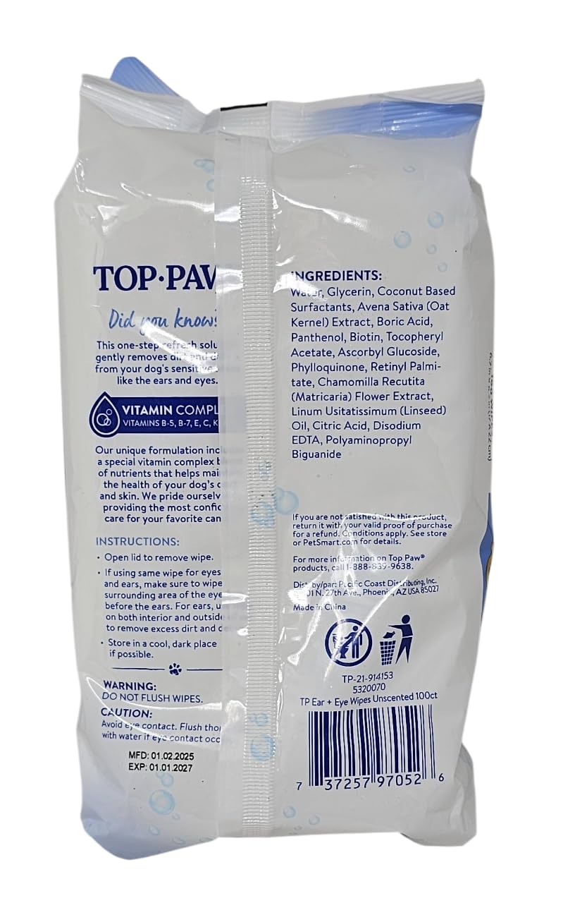 TOP PAW Ear and Eye Wipes Unscented, 100 Count, for Dogs