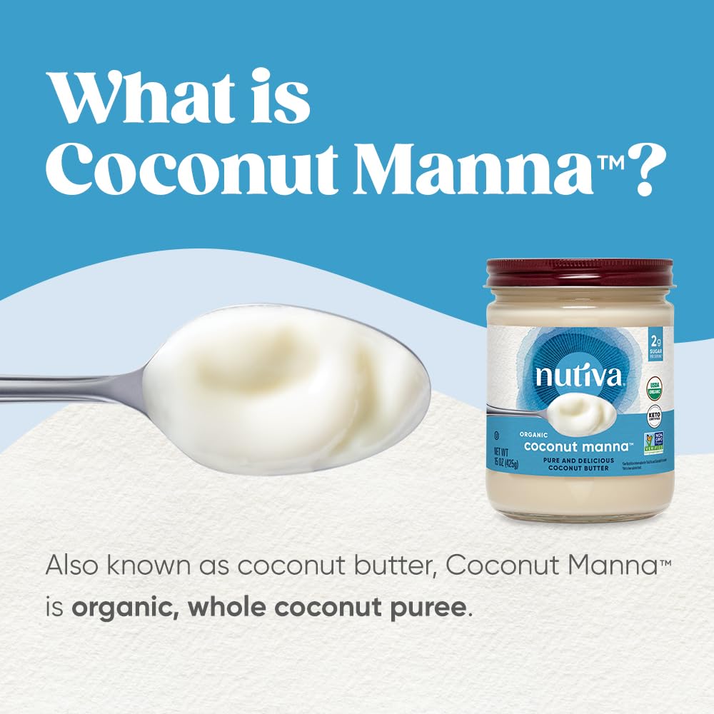 Nutiva Organic Coconut Manna Puréed Coconut Butter, 15 Oz, USDA Organic, Non-GMO, Vegan, Gluten-Free & Keto, Creamy Spread for Smoothies, Oatmeal, Curries & Coconut Milk