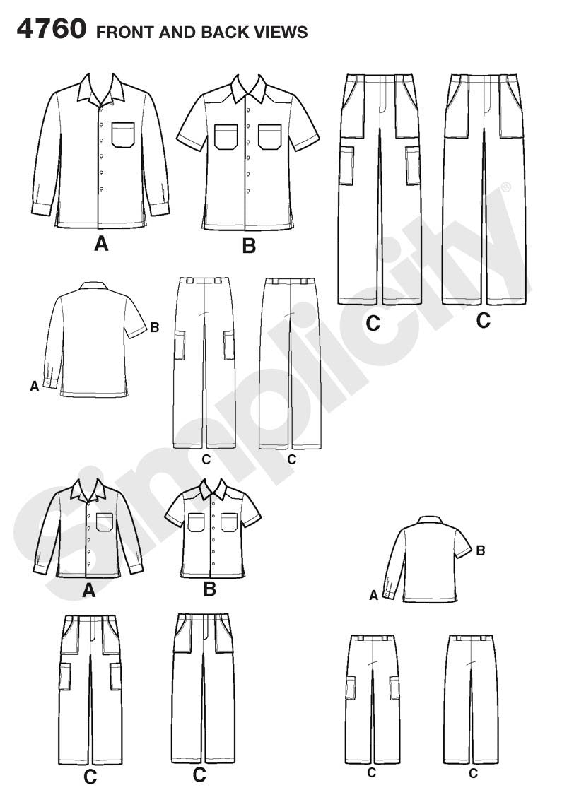 Simplicity S4760 Men's & Boys' Shirt & Pants Sewing Pattern, Sizes S-L & S-XL