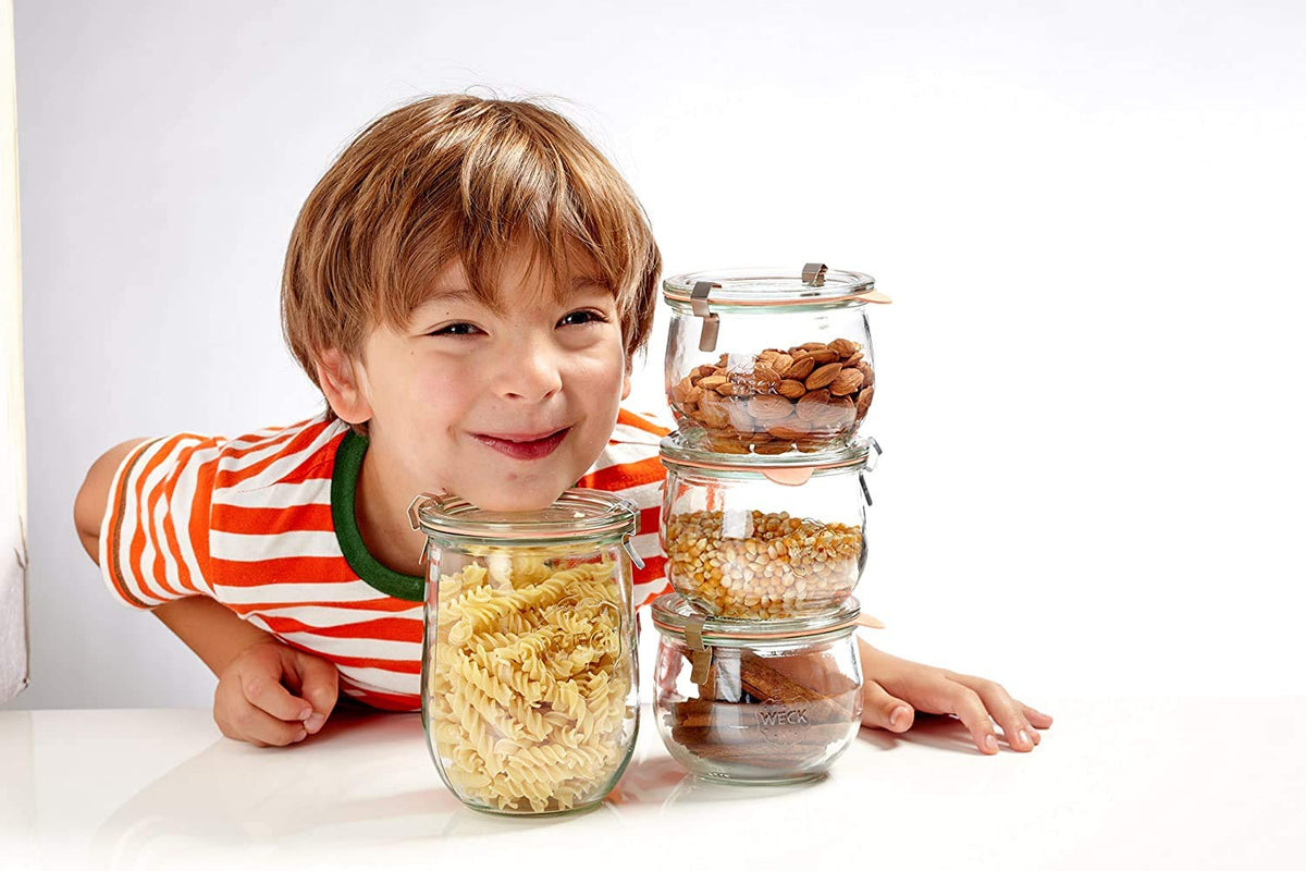Weck Tulip Jar Rubber Sole & Two Metal Clamps Food Storage Jar Round Preserve Container Clear Preserving Seal Wire Clip Fastening Kitchen Canning Cereal Sugar Beans Spice - 33.8 fl. oz Single 1 liter
