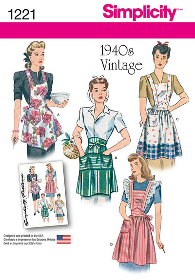 Simplicity S1221 Vintage Apron Sewing Pattern, Misses' 1940s Aprons with Halter, Cross-Back & Waist Styles, Sizes S-L