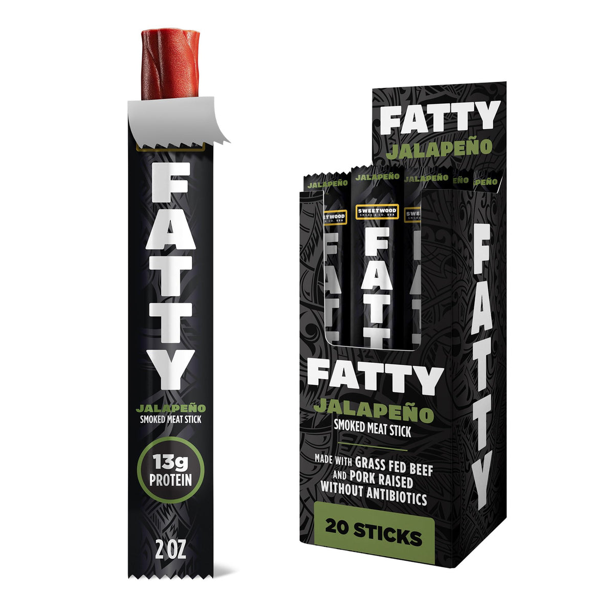 FATTY Meat Sticks, Made with Grass Fed Beef, Pork Raised Without Antibiotics, 13g Protein Per Serving, Jalapeno, 2 oz. (Pack of 20)