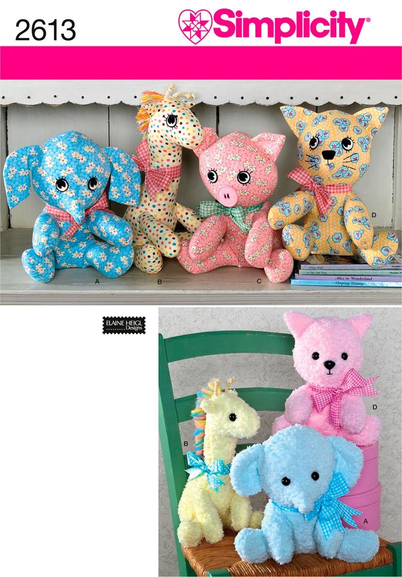 Simplicity S2613 Stuffed Animal Sewing Pattern, Elephant, Giraffe, Pig & Cat Plush Toys, One Size