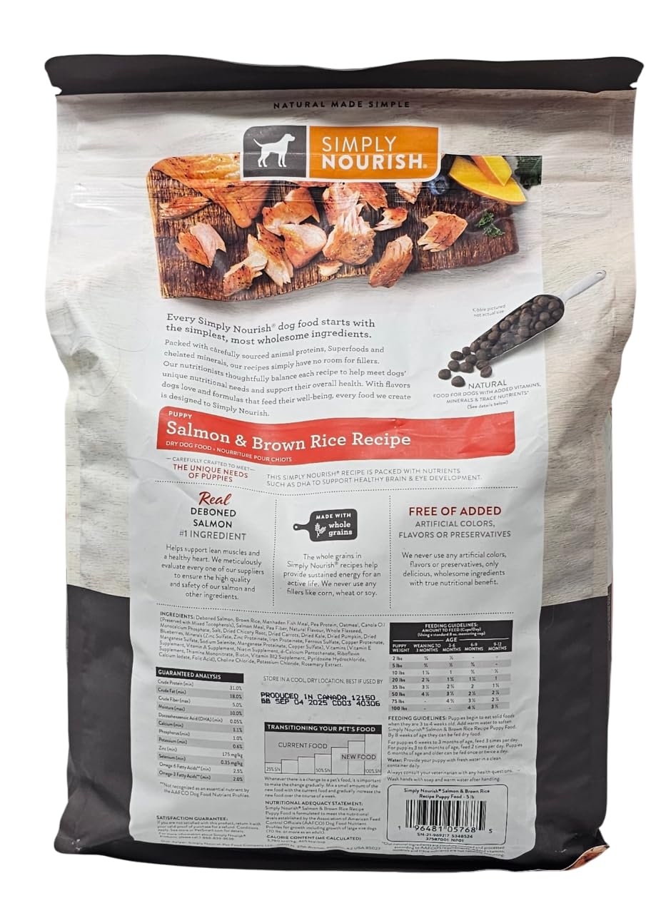 SIMPLY NOURISH Puppy Salmon and Brown Rice Dry Dog Food, 5 Pound Bag