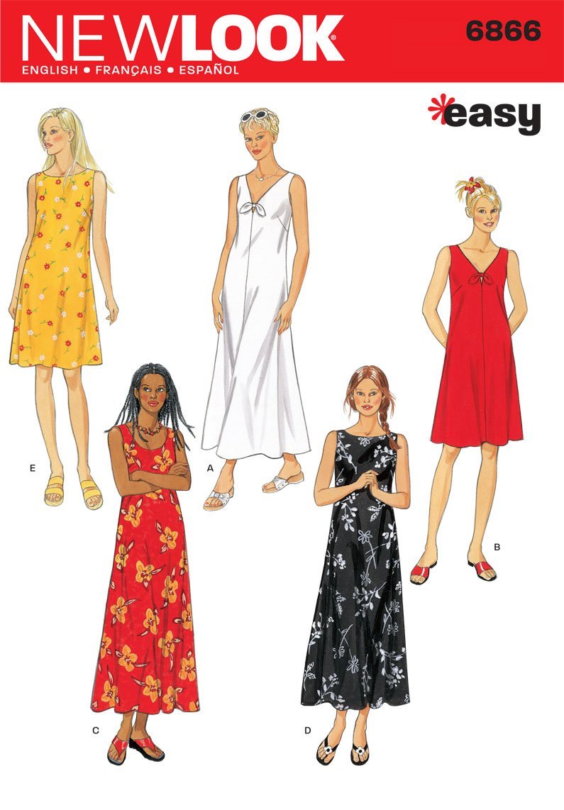 New Look N6866 Women's Dress Sewing Pattern, Neckline & Length Variations, Sizes S-XL