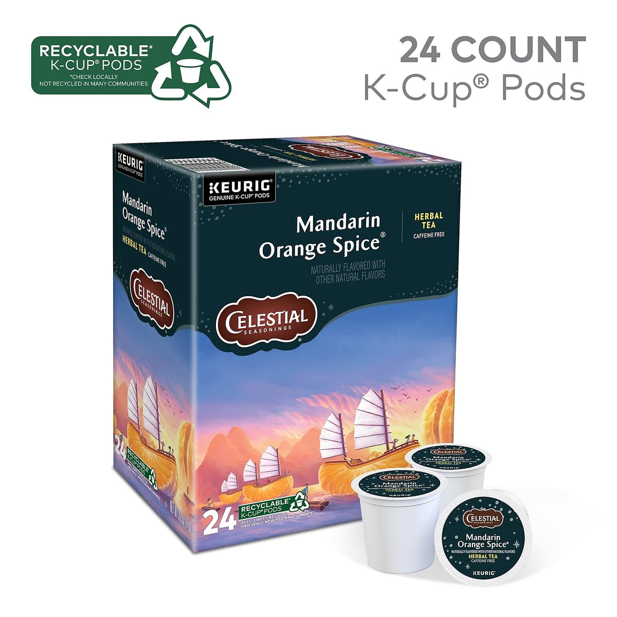 Celestial Seasonings Mandarin Orange Spice Herbal Tea, Keurig® K-Cup® Pods, 24/Box (14735)