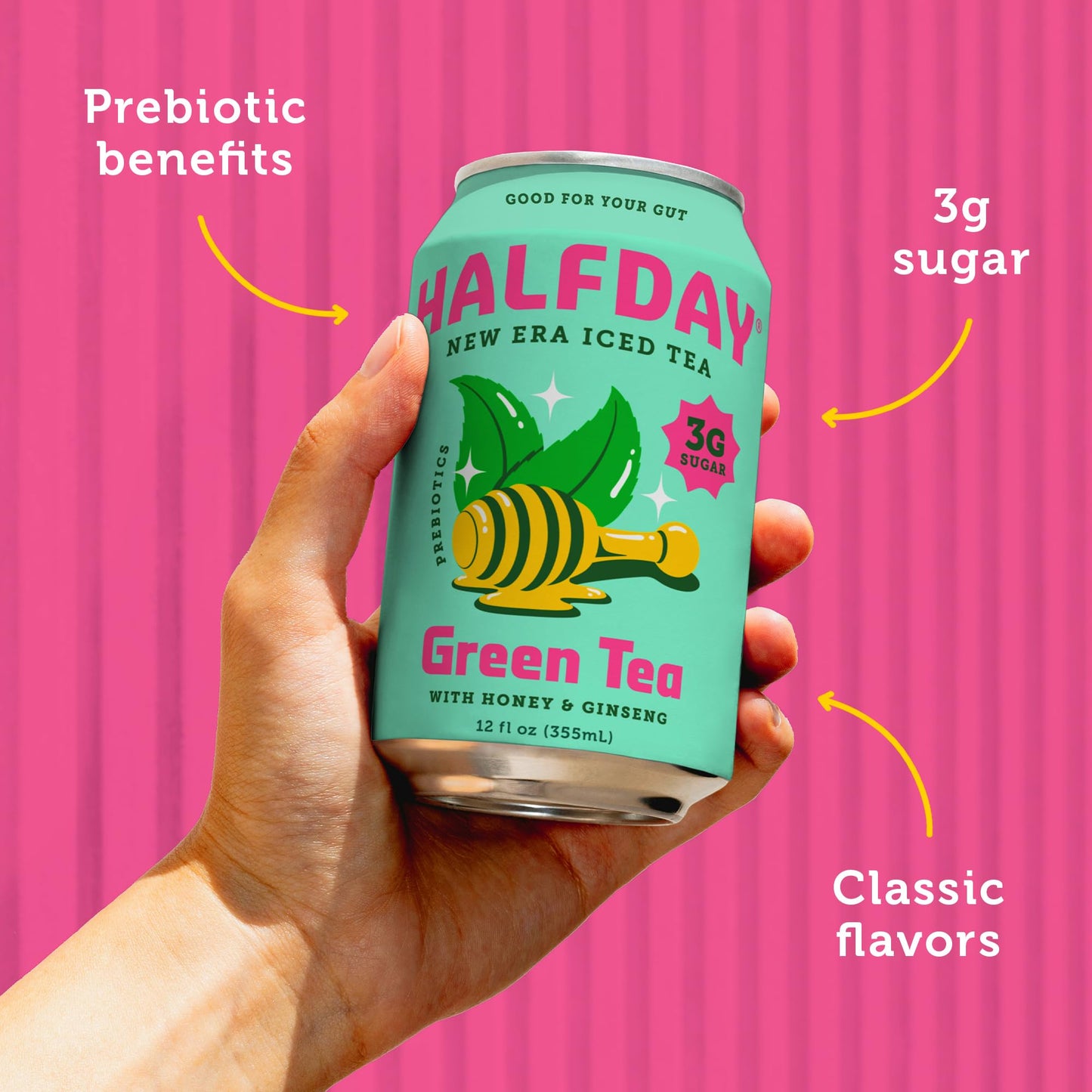 Halfday, Prebiotic Green Tea With Honey & Ginseng, 12 Fl Oz Can