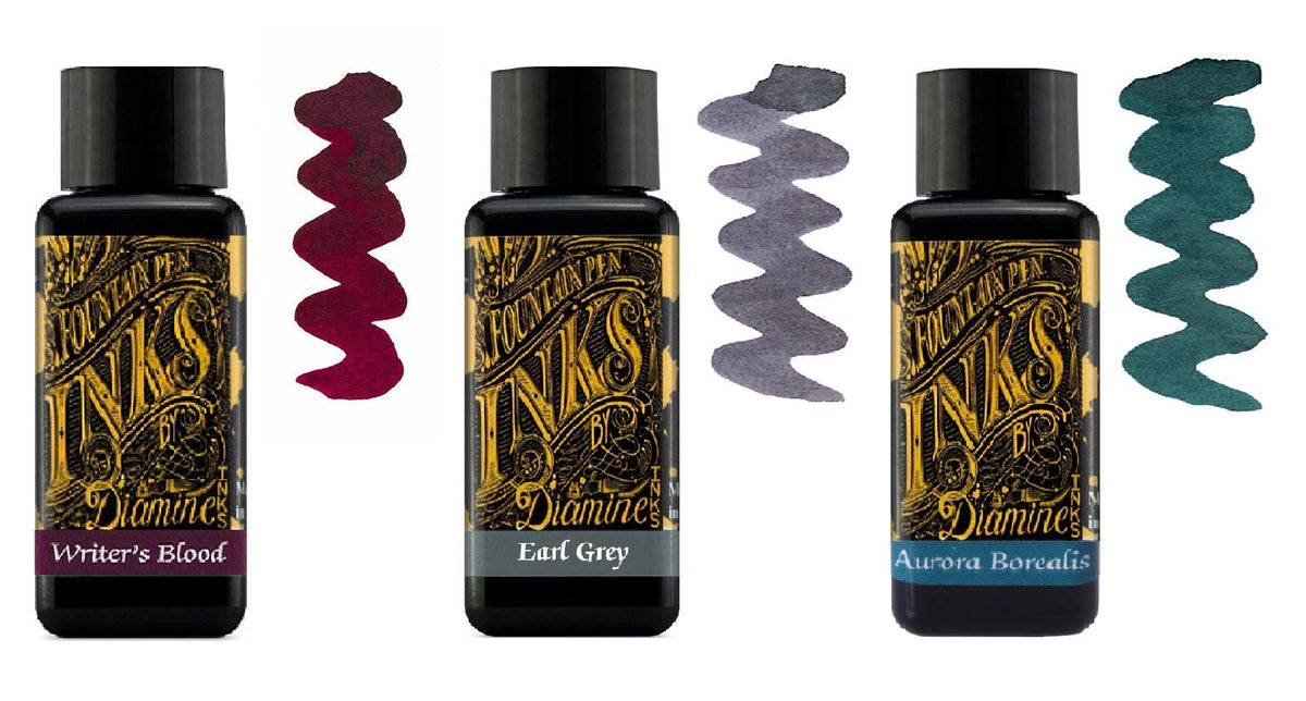 Diamine Fountain Pen Ink 30ml - 3 x Bottles - Writer's Blood & Earl Grey & Aurora Borealis, Writer's Blood, Earl Grey, Aurora Borealis