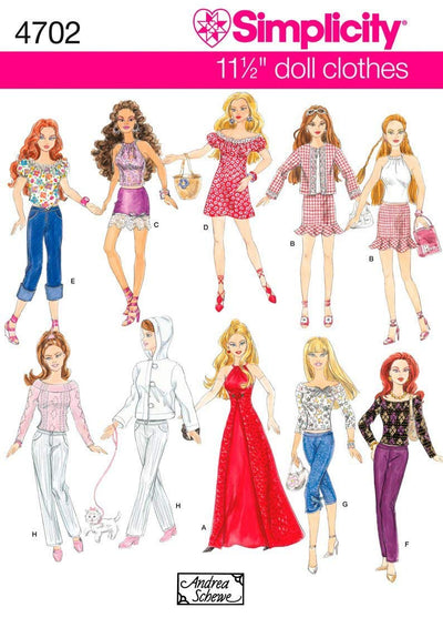 Simplicity 4702 11.5" Fashion Doll Clothing Sewing Pattern, Going Out Outfits by Andrea Schewe, One Size