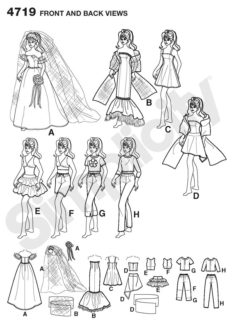Simplicity S4719 Doll Clothes Sewing Pattern, Fancy Dresses, Bridal Gown & Casual Outfits for 11.5-Inch Fashion Dolls, One Size