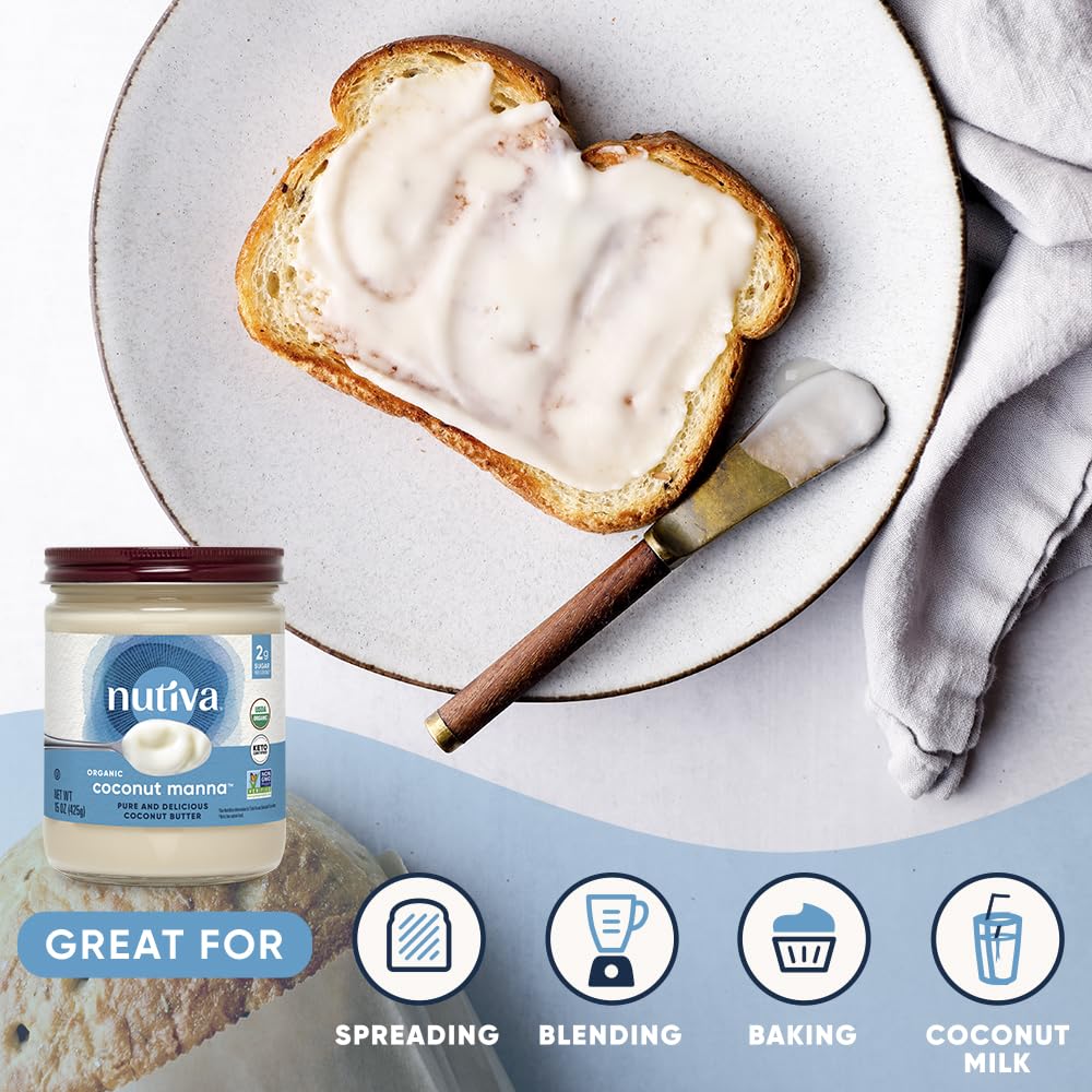 Nutiva Organic Coconut Manna Puréed Coconut Butter, 15 Oz, USDA Organic, Non-GMO, Vegan, Gluten-Free & Keto, Creamy Spread for Smoothies, Oatmeal, Curries & Coconut Milk