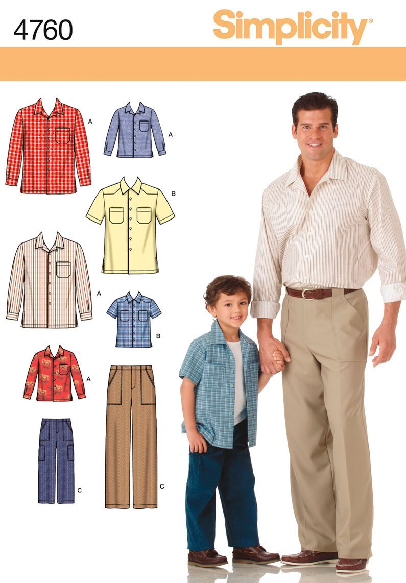 Simplicity S4760 Men's & Boys' Shirt & Pants Sewing Pattern, Sizes S-L & S-XL