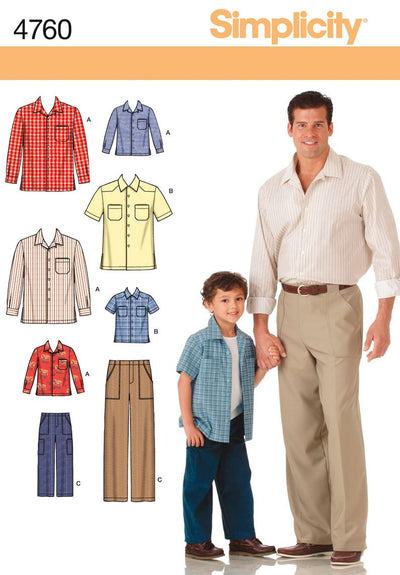 Simplicity S4760 Men's & Boys' Shirt & Pants Sewing Pattern, Sizes S-L & S-XL