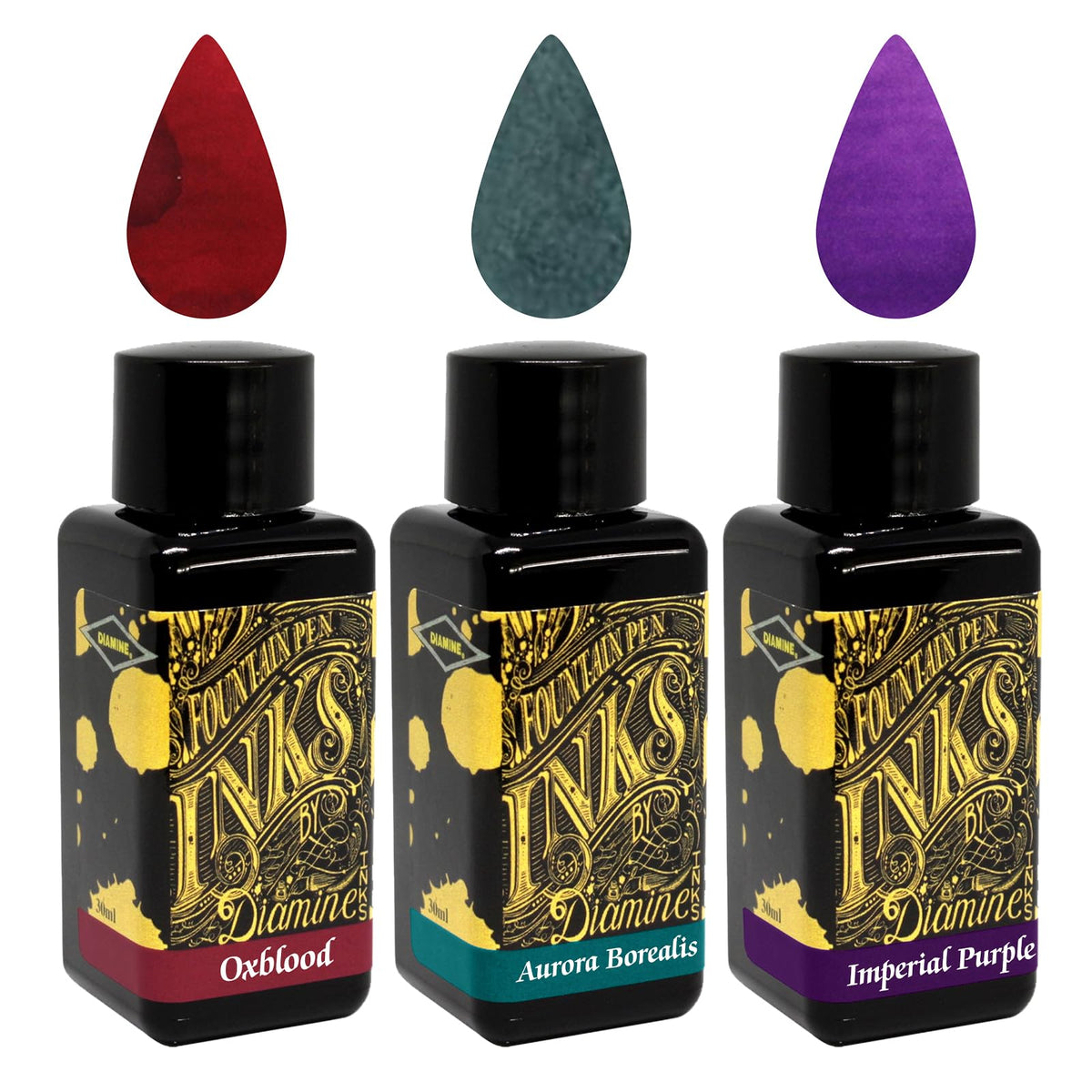 Diamine - 30ml Fountain Pen Ink - 3 Pack - Oxblood & Imperial Purple & Aurora Borealis