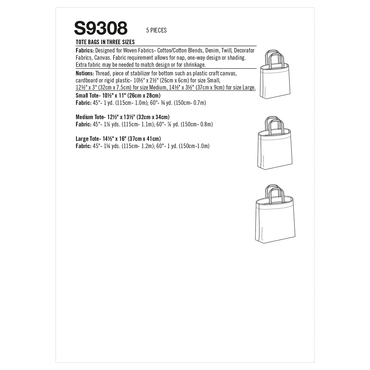 Simplicity Unlined Tote Bag Packet, Code 9308 Sewing Pattern, One Size, White, (SS9308OS)