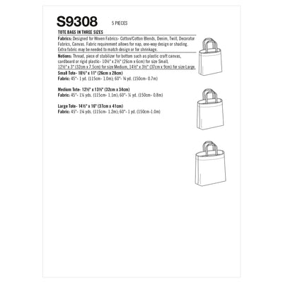 Simplicity Unlined Tote Bag Packet, Code 9308 Sewing Pattern, One Size, White, (SS9308OS)