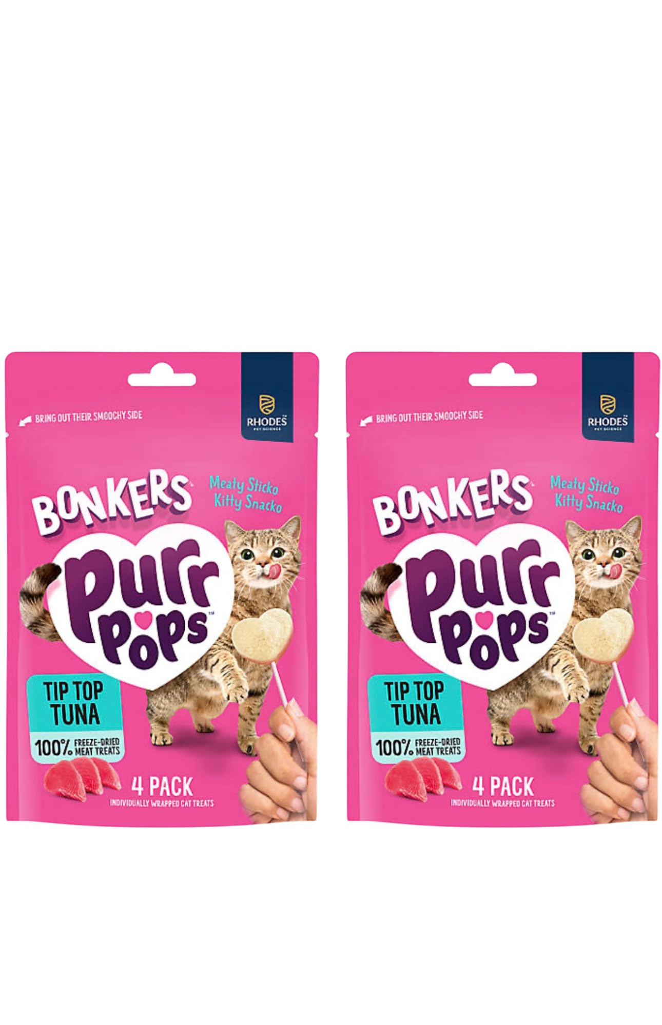 Bonkers Purr Pops Tip Top Tuna Lickable Cat Treats, Freeze-Dried Meat, 4 Count, 2 Pack (8 Pieces)