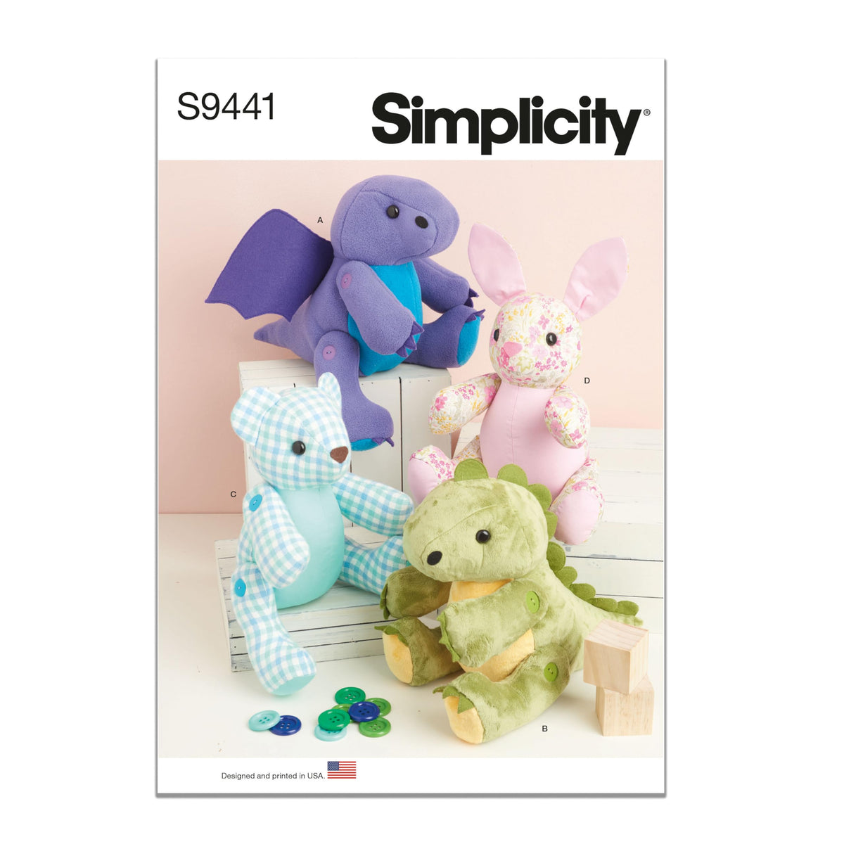 Simplicity S9441 Jointed Plush Animal Sewing Pattern, Dragon, Dinosaur, Bear & Bunny, 13 Inch