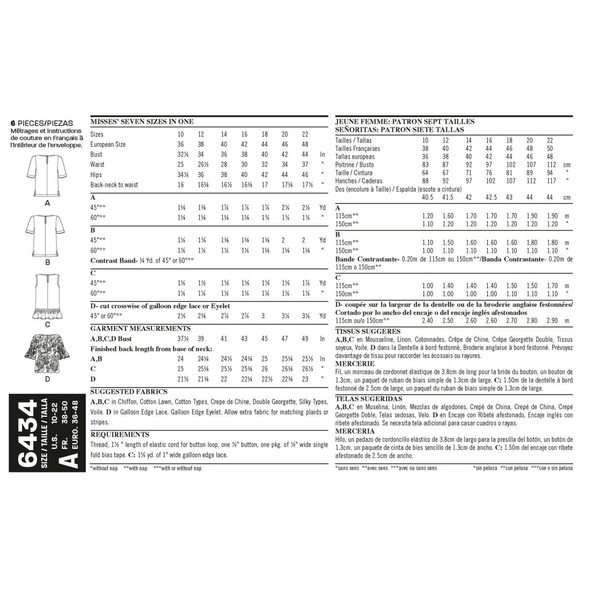 New Look Patterns Misses' Tops with Fabric Variations Size A (10-12-14-16-18-20-22) 6434
