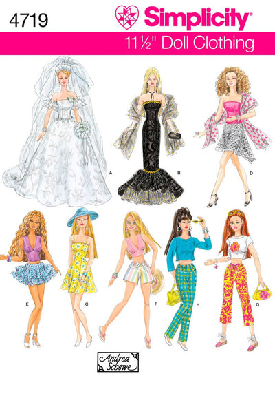 Simplicity S4719 Doll Clothes Sewing Pattern, Fancy Dresses, Bridal Gown & Casual Outfits for 11.5-Inch Fashion Dolls, One Size