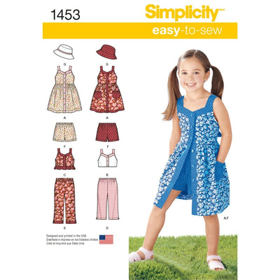 Simplicity S1453 Girls' Clothing Sewing Pattern, Easy-to-Sew Dress, Top, Pants, Shorts & Hat, Sizes 3-8