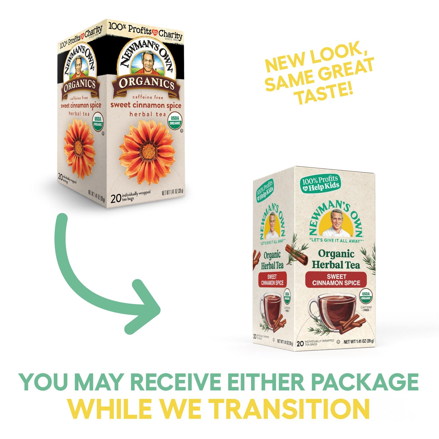Newman's Own Organic Sweet Cinnamon Spice Herbal Tea with Rooibos Tea with Organic Ginger 20 Individually Wrapped Tea Bags Per Box USDA Certified and Kosher Cinnamon Tea Caffeine-Free