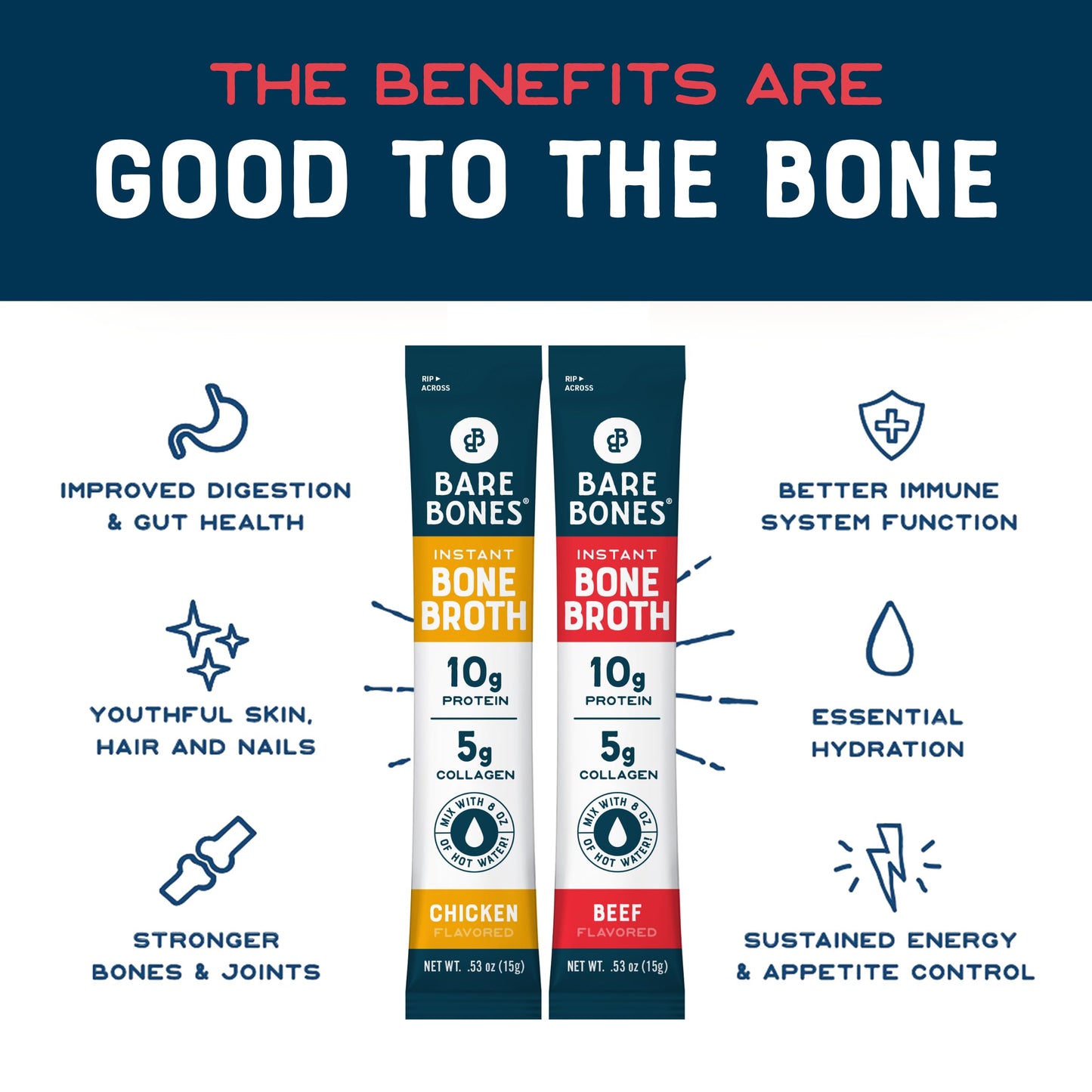 Bare Bones Bone Broth Instant Powdered Beverage Mix, Chicken & Beef, Variety Pack of 8, 4 Chicken & 4 Beef - 15g Sticks, 10g Protein, Keto & Paleo Friendly